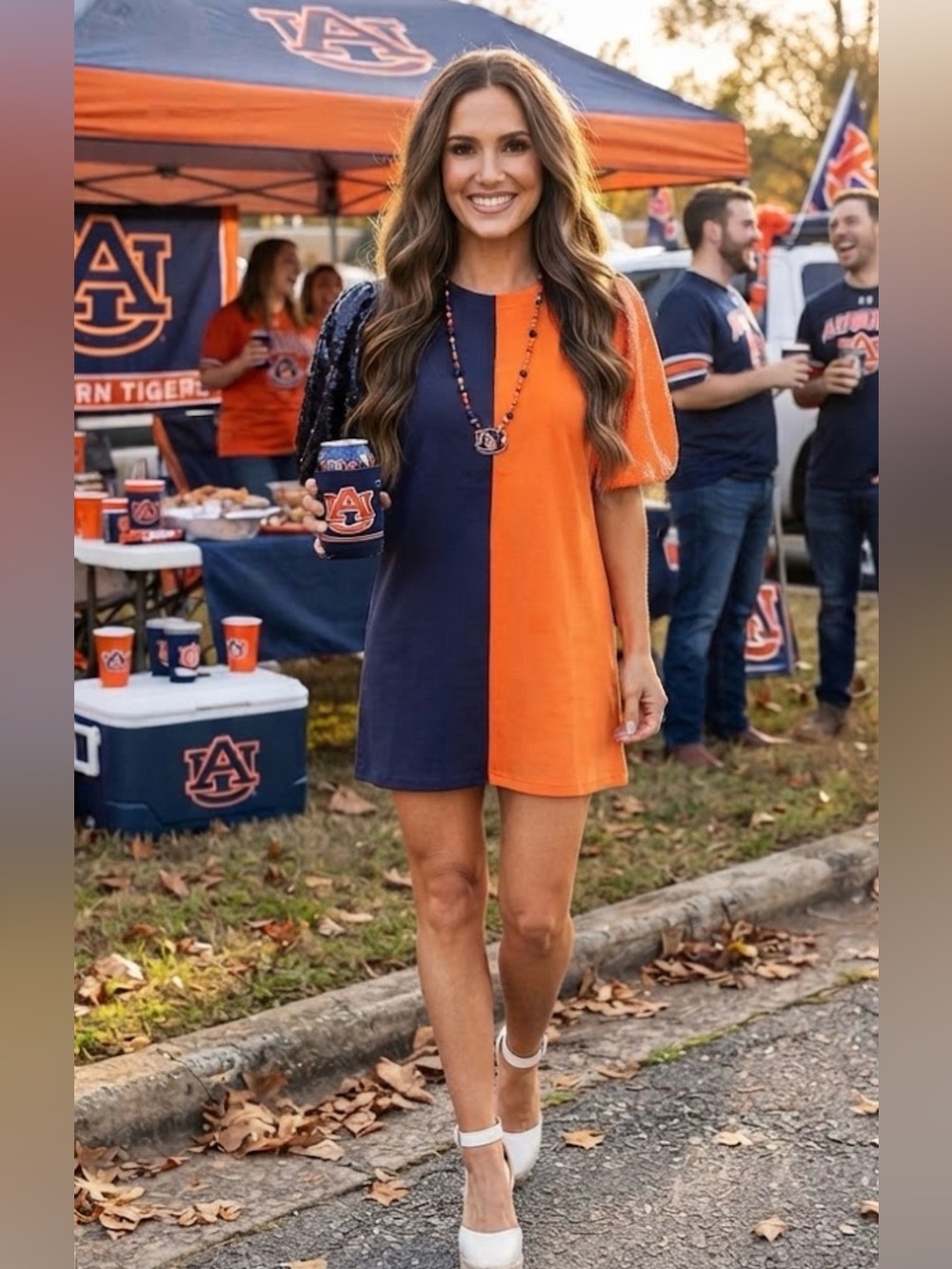 New! QUEEN OF SPARKLES Navy, Orange, and White Colorblock Sequin Sleeve Dress